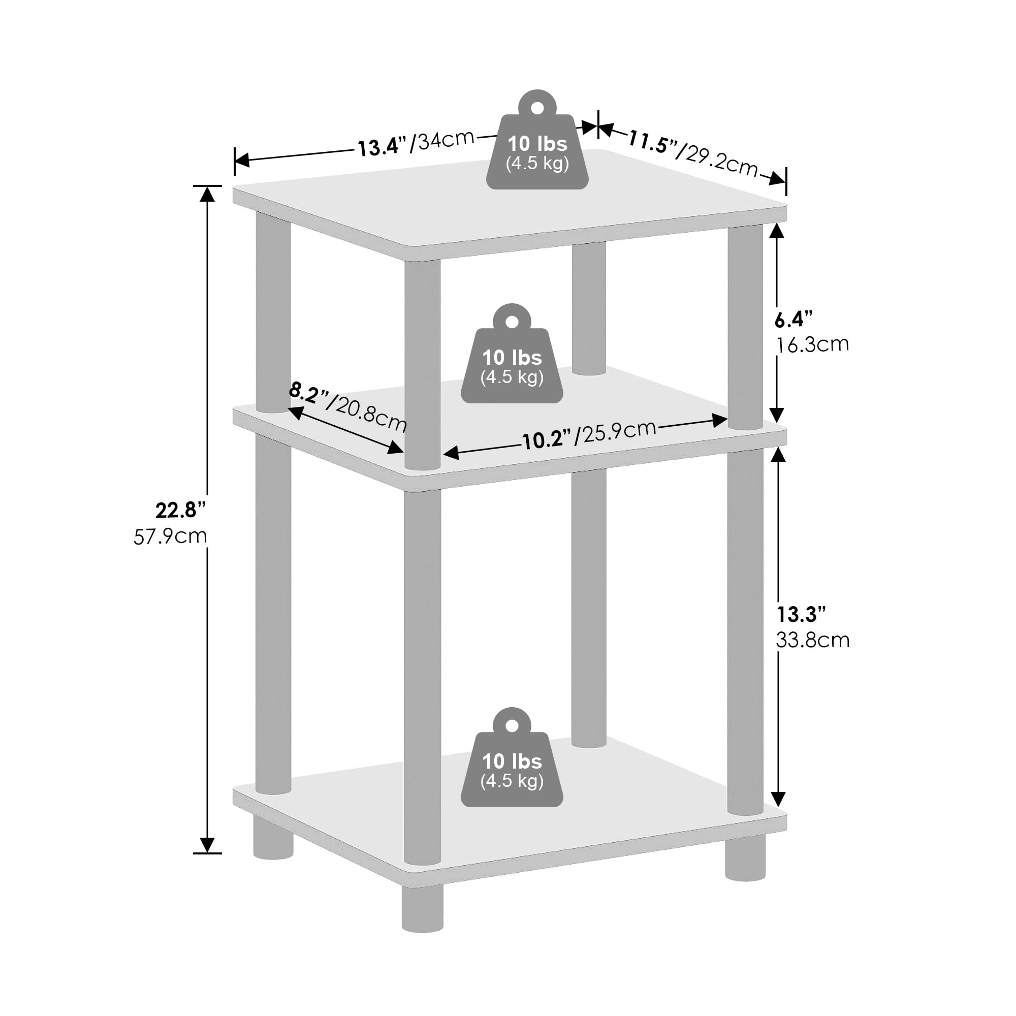 Furinno Just 3-Tier Turn-N-Tube Open Storage Nightstand, 2-Pack, Americano, Stainless Steel Tubes